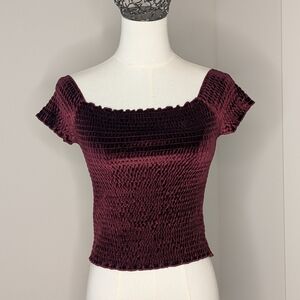Urban Outfitters Velvet Smocked Crop Top Off The Shoulder Sexy Fall Burgundy S